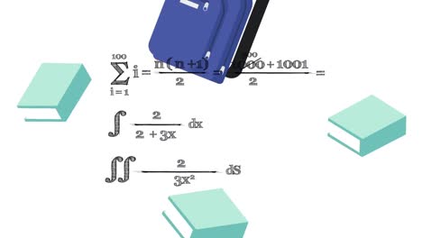 Animation-of-mathematical-equations-over-school-bag-and-notebook-icons-on-white-background