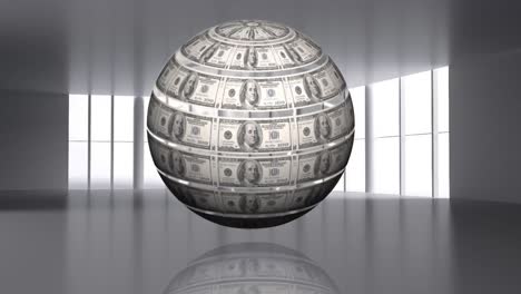 Animation-of-globe-of-banknotes-over-empty-office