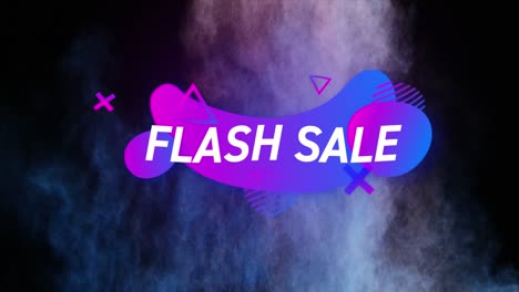 Animation-of-flash-sale-text-with-shapes-over-caucasian-hand-throwing-powder-on-black-background
