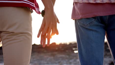 Midsection-of-diverse-gay-male-couple-holding-hands-at-beach,-slow-motion