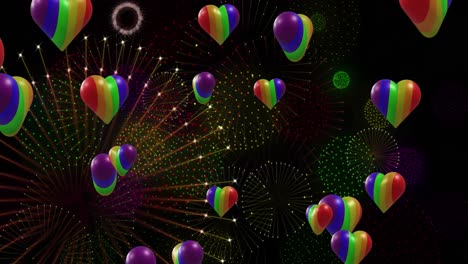Animation-of-pride-rainbow-hearts-and-fireworks-exploding-on-black-background