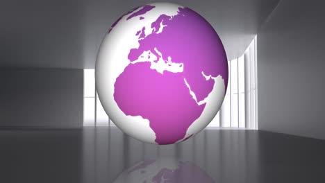 Animation-of-white-and-purple-globe-over-empty-office