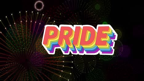 Animation-of-pride-rainbow-text-and-fireworks-exploding-on-black-background