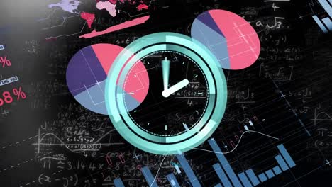 Animation-of-clock-moving-over-data-processing-and-world-map-on-black-background