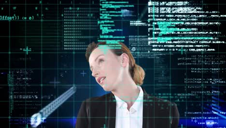Animation-of-data-processing-over-caucasian-businesswoman-on-black-background