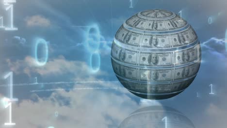 Animation-of-globe-with-dollar-banknotes-over-data-processing-and-sky-with-clouds