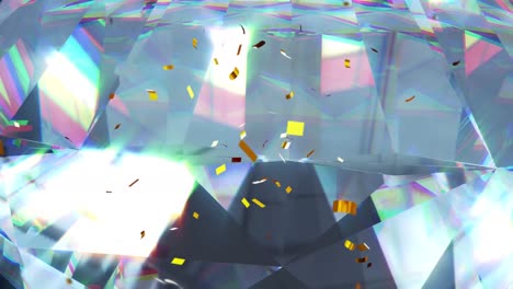 Animation-Von-Konfetti,-Die-über-Leuchtende-Kristalle-Fallen