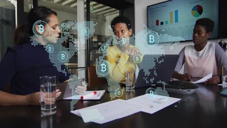 Animation-of-world-map-with-bitcoins-over-diverse-business-people-talking-in-office