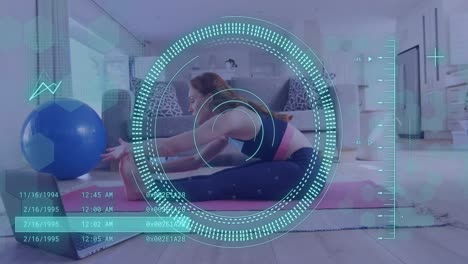 Animation-of-data-processing-over-caucasian-woman-exercising,-using-laptop