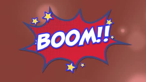 Animation-of-boom-text-in-speech-bubbles-with-stars-over-lens-flare-against-abstract-background