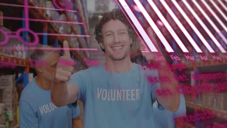 Animation-of-financial-data-processing-over-smiling-caucasian-male-volunteer-in-warehouse