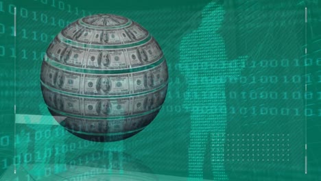 Animation-of-globe-with-dollar-banknotes-over-data-processing-on-green-background