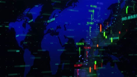 Animation-of-financial-data-processing-over-world-map-on-black-background