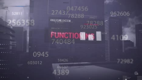 Animation-Von-Texten,-Wechselnden-Zahlen-Und-Computersprache-über-Gebäuden-Vor-Bewölktem-Himmel