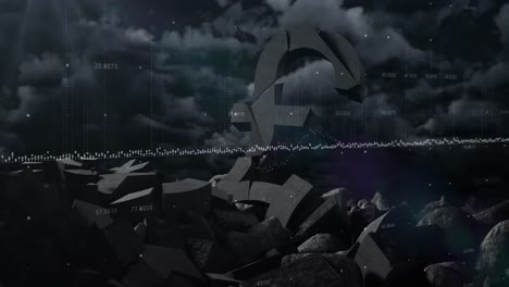 Animation-of-data-processing-over-broken-pound-symbols-and-dark-clouds