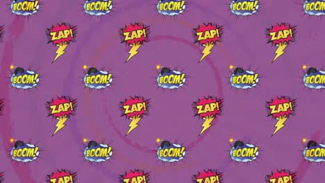 Animation-of-zap-and-boom-texts-with-icons-over-circles-on-purple-background