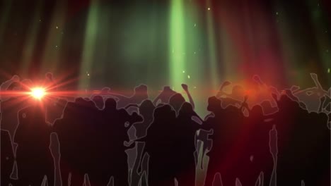 Animation-Von-Lichtpunkten-Und--spuren-über-Silhouetten-Tanzender-Menschen-Auf-Schwarzem-Hintergrund