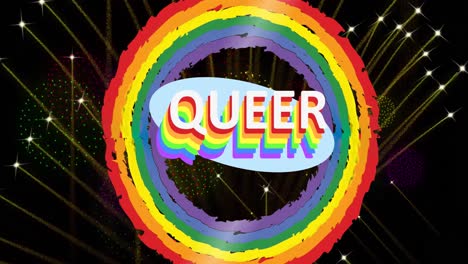 Animation-of-queer-text-and-rainbow-circles-with-fireworks-exploding-on-black-background