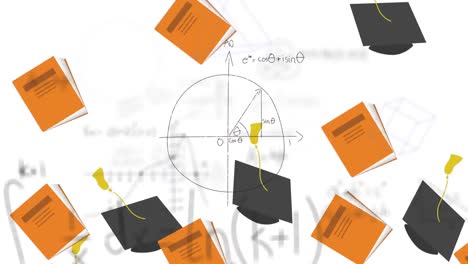Animation-of-mathematical-equations-over-graduation-cap-and-notebook-icons-on-white-background