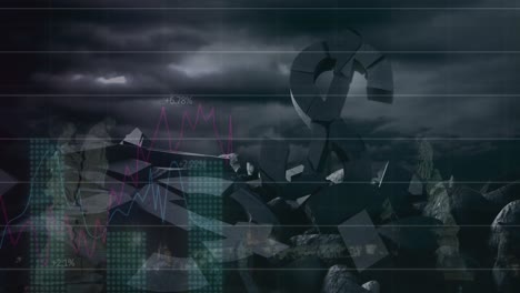 Animation-of-data-processing-over-broken-dollar-symbols-and-dark-clouds