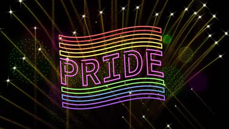 Animation-of-pride-rainbow-text-and-flag-and-fireworks-exploding-on-black-background