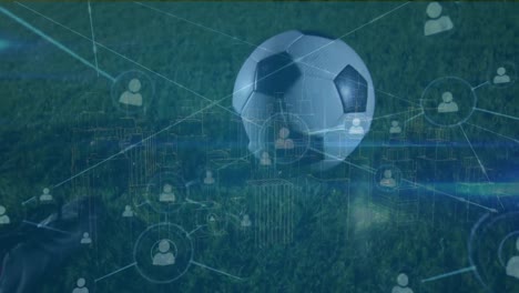 Animation-of-network-of-connections-with-icons-over-football-player-on-pitch