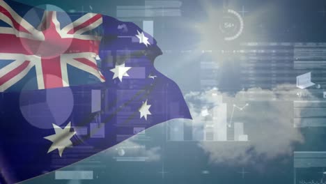 Animation-of-data-processing-and-flag-of-australia-over-clouds-and-sun