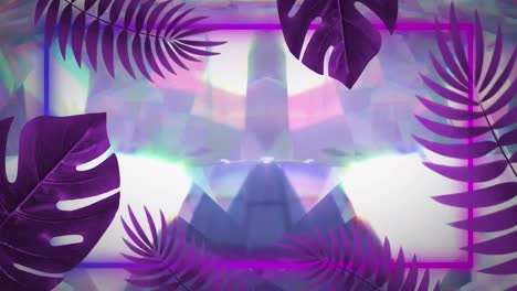 Animation-Von-Violetten-Blättern-Und-Neonrahmen-über-Leuchtenden-Kristallen