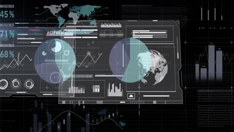 Animation-of-financial-data-processing-with-world-map-and-globe-over-black-background