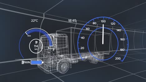 Animation-of-car-panel-over-digital-truck-on-black-background