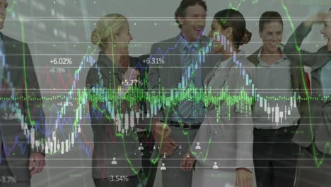 Animation-of-graphs-and-trading-boards,-diverse-coworkers-broke-free-from-tape-and-giving-high-fives