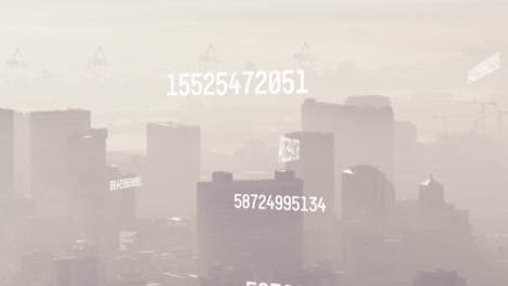 Animation-Sich-ändernder-Zahlen-über-Einer-Luftaufnahme-Von-Nebelbedeckten-Gebäuden-Im-Hintergrund