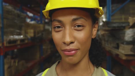 Animation-of-financial-data-processing-over-biracial-woman-working-in-warehouse