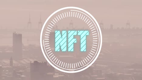 Animation-Der-NFT-Text--Und-Datenverarbeitung-über-Dem-Stadtbild