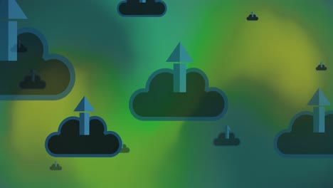 Animation-Von-Wolken-Mit-Nach-Oben-Zeigenden-Pfeilen-über-Grünem-Muster