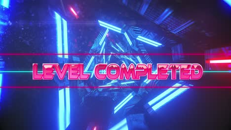 Animation-of-level-completed-text-over-neon-lines-and-blue-pattern
