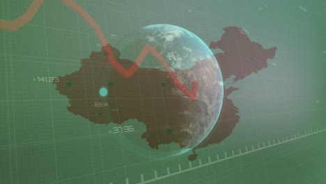 Animation-of-financial-data-processing-over-globe-and-map-of-china