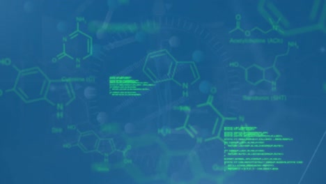 Animation-of-scientific-data-processing-and-chemical-structures-on-blue-background