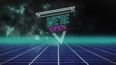 Animation-of-we're-open-neon-text-over-grid