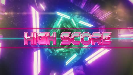 Animation-of-high-score-text-over-neon-lines-and-pattern