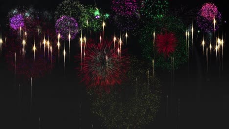 Animation-of-glowing-light-trails-and-fireworks-exploding-on-black-background