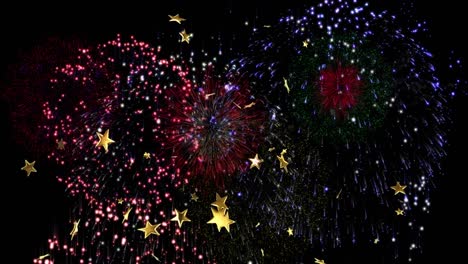 Animation-of-stars-and-fireworks-exploding-on-black-background
