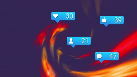 Animation-of-social-media-icons-and-numbers-over-orange-fire-pattern