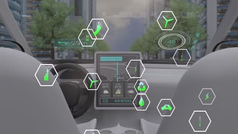 Animation-of-floating-icon-in-hexagon-over-dashboard-of-futuristic-car-with-tree-and-buildings