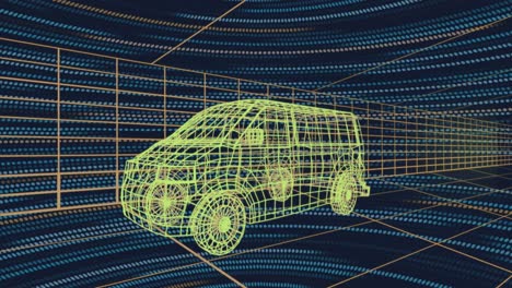 Animación-Del-Modelo-De-Automóvil-En-3D-Y-Procesamiento-De-Datos-Sobre-Cuadrícula.