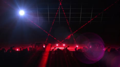 Animation-of-glowing-red-light-trails-and-people-dancing-on-black-background
