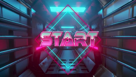 Animation-of-start-text-over-neon-lines-and-tunnel