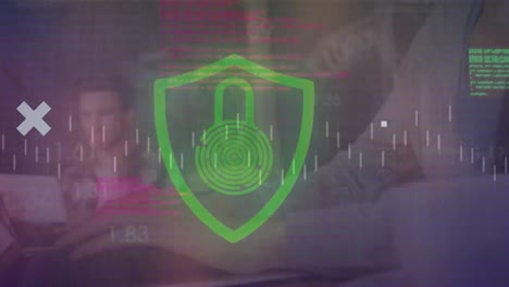 Animation-of-security-padlock,-data-processing,-globe,-computer-servers,-caucasian-woman-with-laptop