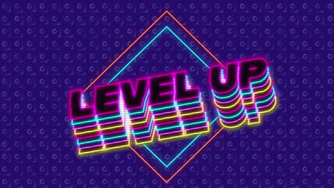 Animation-of-level-up-neon-text-over-pattern-on-purple-background