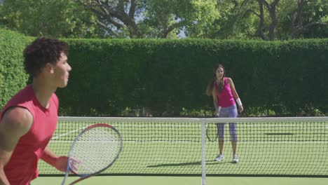 Happy-biracial-couple-playing-tennis-in-garden-on-sunny-day